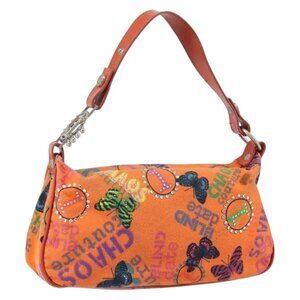 Authentic VERSACE Shoulder Bag Canvas Orange Silver